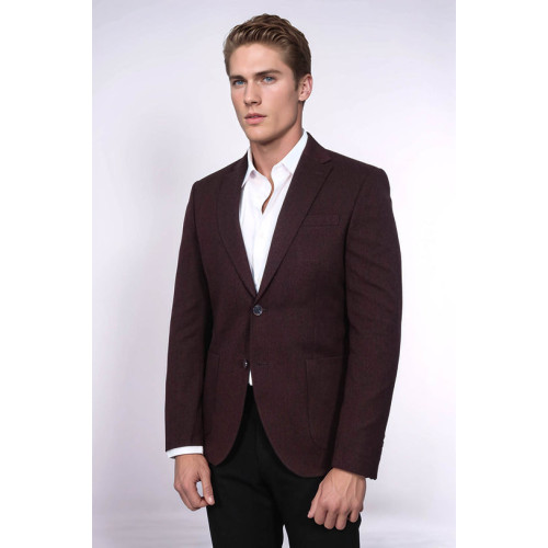Textured Slim Fit Notch Lapel Burgundy Men Blazer - Chadrobe