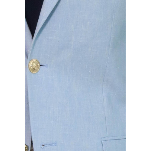 Light Blue Textured Linen-Feel Gold Metal Button Slim Fit Men's Blazer Jacket - Chadrobe