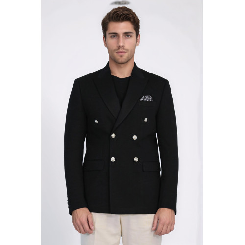 Black Solid Slim Fit Double-Breasted Blazer with Silver Metal Buttons – Chadrobe
