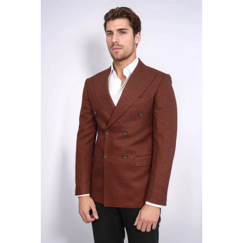Houndstooth Patterned Brown Men Double Breasted Blazer - Chadrobe