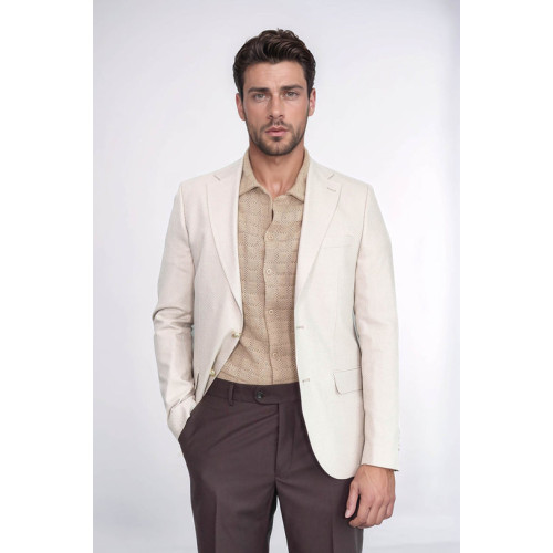 Beige Herringbone Pattern Gold Metal Button Slim Fit Men's Blazer Jacket - Chadrobe