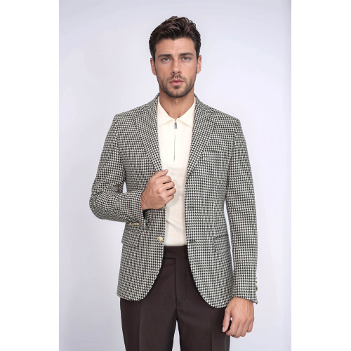 Black & Cream Houndstooth Pattern Gold Metal Button Slim Fit Men's Blazer Jacket - Chadrobe
