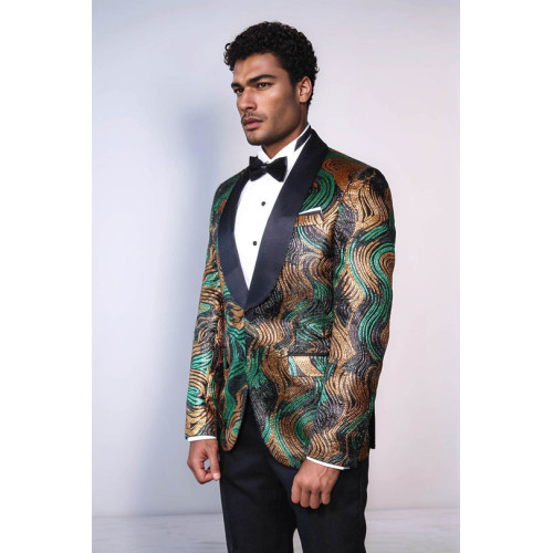 Gold-Green Patterned Over Black Men Stage Performers Jacket - Chadrobe