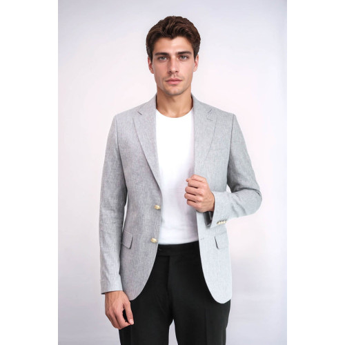 Grey Textured Linen-Feel Gold Metal Button Slim Fit Men's Blazer Jacket - Chadrobe