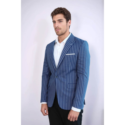 Striped Blue Slim-Fit Blazer - Chadrobe