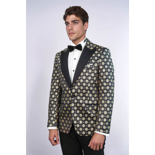 Floral Patterned Peak Lapel Navy Blue with Gold Embellished Dinner Jacket - Chadrobe