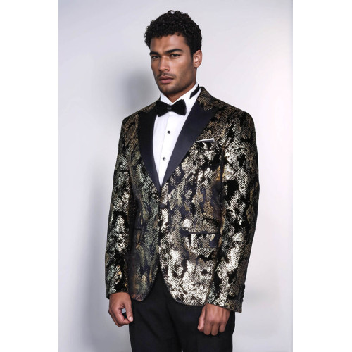 Peak Lapel Slim Fit Gold Patterned Black Men Evening Blazer