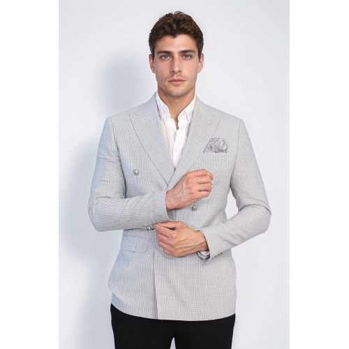 Grey Micro-Check Slim Fit Double-Breasted Blazer with Silver Metal Buttons – Chadrobe