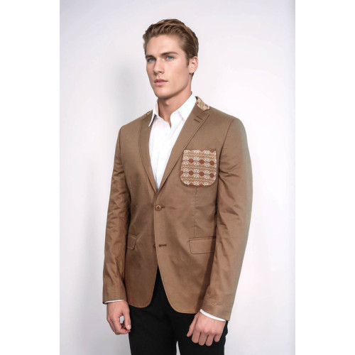 Double Buttons Knit Collar Mono Lapel Tan Jacket-Chadrobe