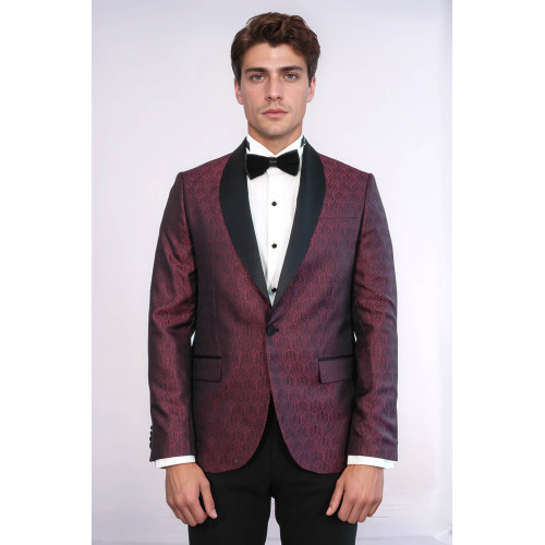 Pentagon Patterned Shawl Lapel Burgundy Men Dinner Jacket - Chadrobe