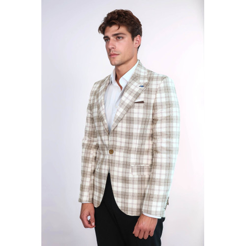 Single Button Wide Pointed Collar Beige Blazer - Chadrobe