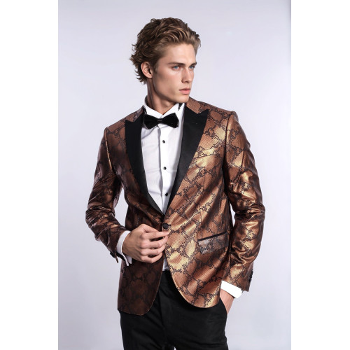 Patterned Slim Fit Brown Men Stage Tuxedo Blazer - Chadrobe