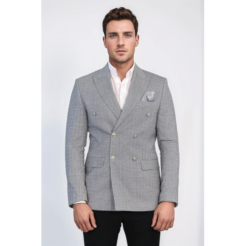Dark Grey Micro-Check Slim Fit Double-Breasted Blazer with Silver Metal Buttons – Chadrobe