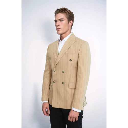 Double Breasted Slim Fit Striped Cream Men Blazer - Chadrobe