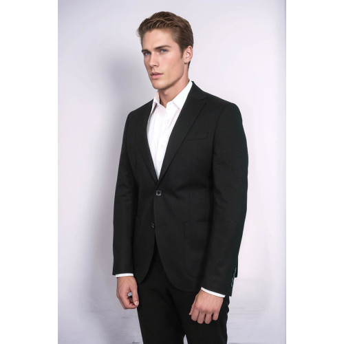 Textured Slim Fit Notch Lapel Black Men Blazer - Chadrobe