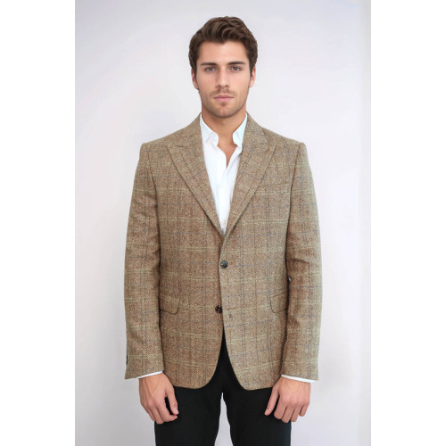 Herringbone Slim Fit Wool Tan Men Blazer - Chadrobe