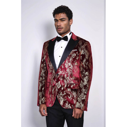 Peak Lapel Slim Fit Gold Patterned Burgundy Men Party Blazer - Chadrobe