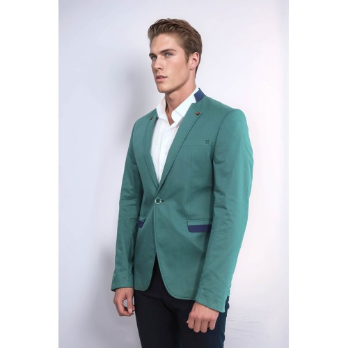 Single Button Standing Collar Green Men Blazer - Chadrobe