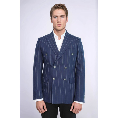 Double Breasted Slim Fit Striped Navy Blue Men Blazer - Chadrobe