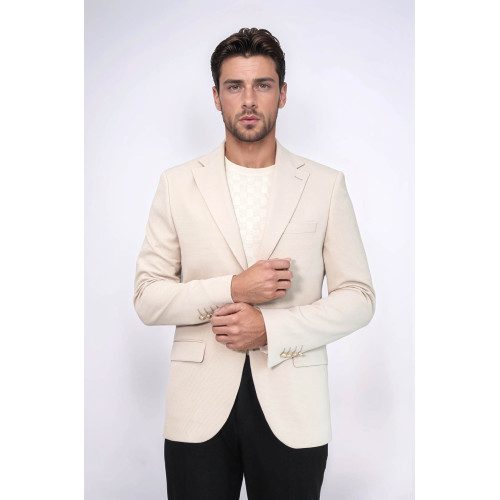 Beige Textured Gold Metal Button Slim Fit Men's Blazer Jacket - Chadrobe
