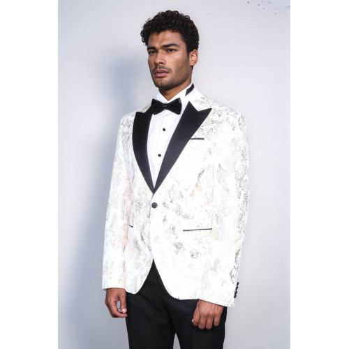 Peak Lapel Slim Fit Gold Patterned White Men Dinner Jacket - Chadrobe