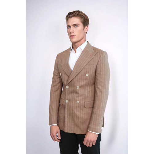 Striped Double Breasted Beige Men Blazer - Chadrobe