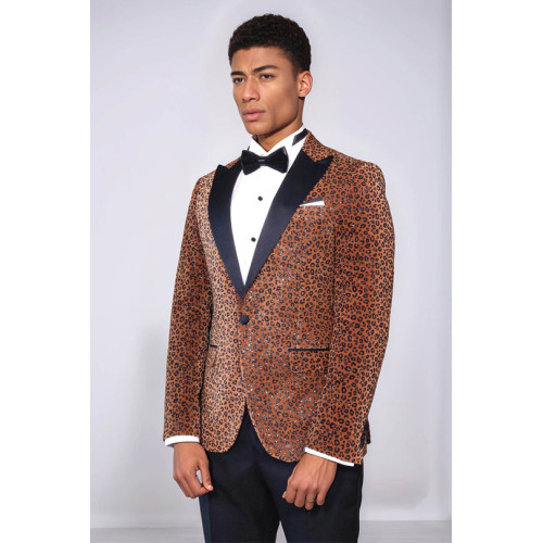 Leopard Pattern Slim Fit Peak Lapel Yellow Men Tuxedo Party Blazer