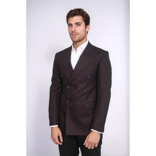 Houndstooth Patterned Burgundy Men Double Breasted Blazer - Chadrobe