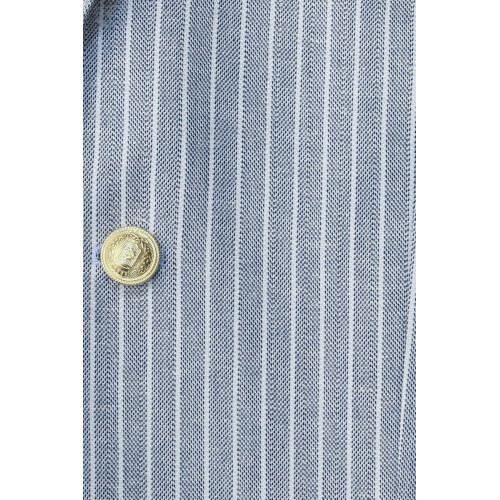 Light Blue Striped Linen Gold Metal Button Slim Fit Men's Blazer Jacket - Chadrobe