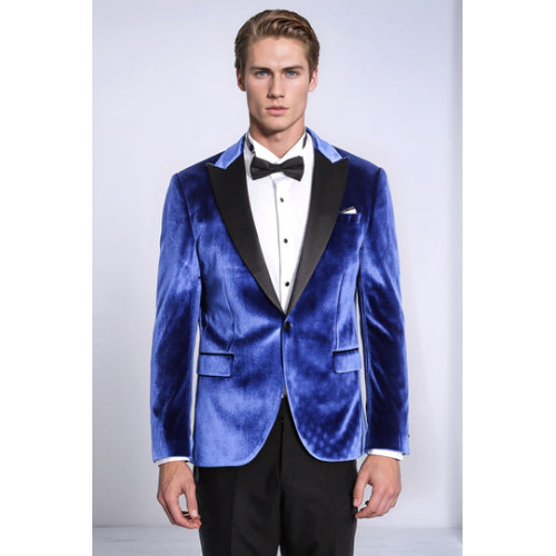 Velvet Navy Blue Slim Fit Men Tuxedo Jacket - Chadrobe