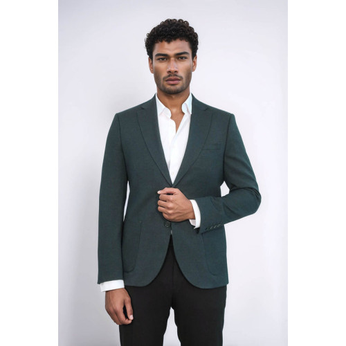 Textured Slim Fit Notch Lapel Green Men Blazer - Chadrobe