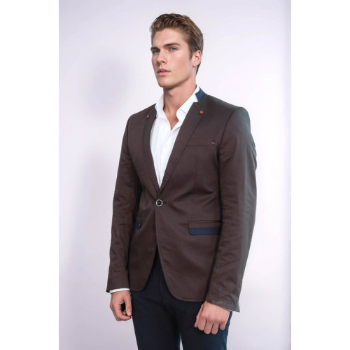 Single Button Standing Collar Brown Men Blazer - Chadrobe