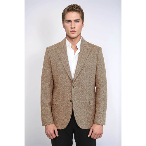 Houndstooth Pattern Wool Light Brown Men Blazer - Chadrobe