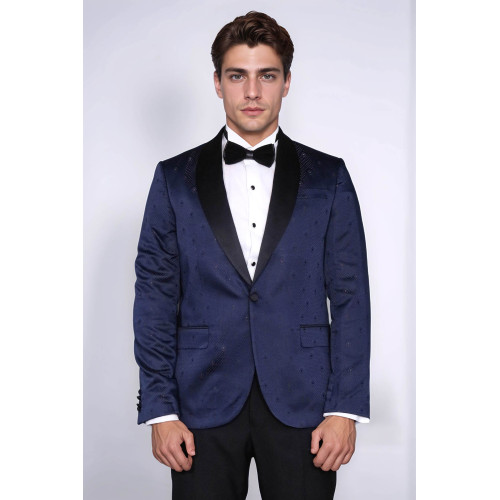 Patterned Shawl Lapel Navy Blue Men Tuxedo Jacket - Chadrobe