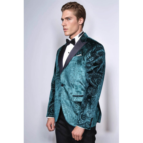 Floral Patterned Velvet Green Men Evening Jacket - Chadrobe
