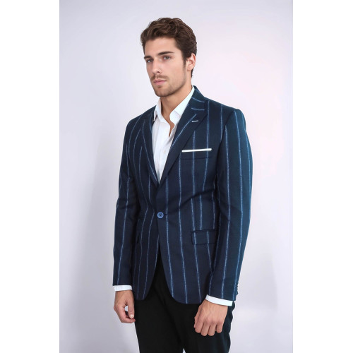 Striped Dark Blue Slim-Fit Blazer - Chadrobe