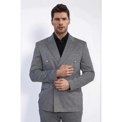 Anthracite Pinstriped Slim Fit Double-Breasted Blazer with Silver Metal Buttons – Chadrobe