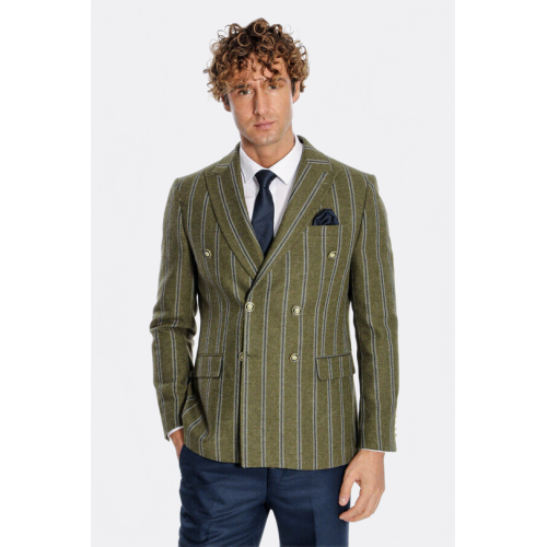 Wide Lapel Striped Double Breasted Green Men Blazer - Chadrobe