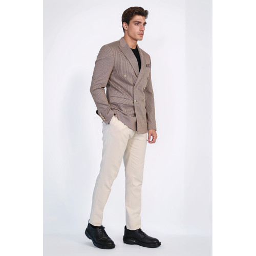Sand Beige Pinstriped Slim Fit Double-Breasted Blazer with Gold Metal Buttons – Chadrobe
