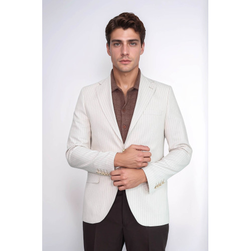 Cream Striped Linen Gold Metal Button Slim Fit Men's Blazer Jacket - Chadrobe