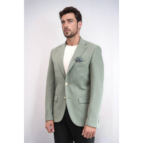 Sage Green Textured Gold Metal Button Slim Fit Men's Blazer Jacket - Chadrobe