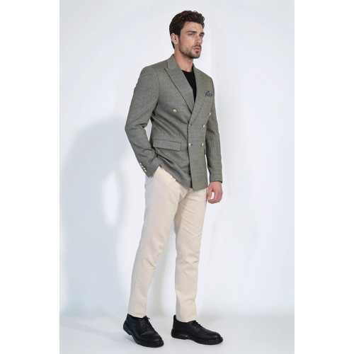 Olive Green Pinstriped Slim Fit Double-Breasted Blazer with Gold Metal Buttons – Chadrobe