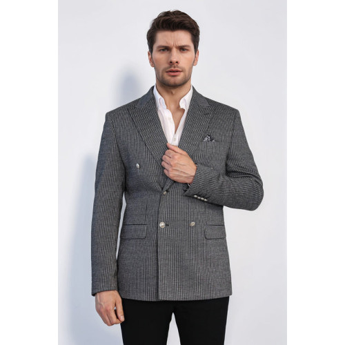 Black Pinstriped Slim Fit Double-Breasted Blazer with Silver Metal Buttons – Chadrobe