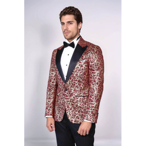 Root Pattern Peak Lapel Burgundy Men Party Blazer - Chadrobe