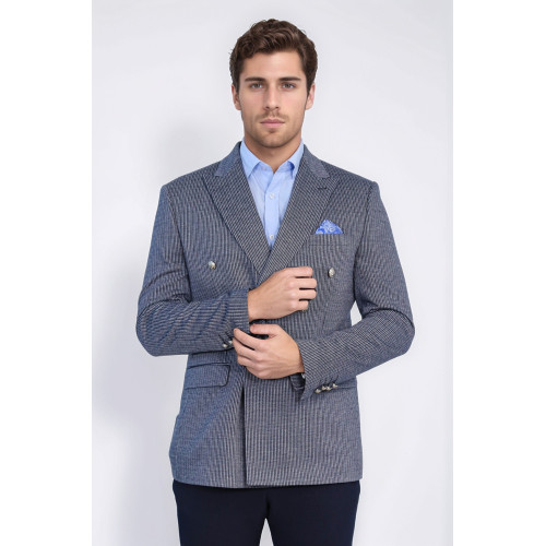 Navy Pinstriped Slim Fit Double-Breasted Blazer with Silver Metal Buttons – Chadrobe