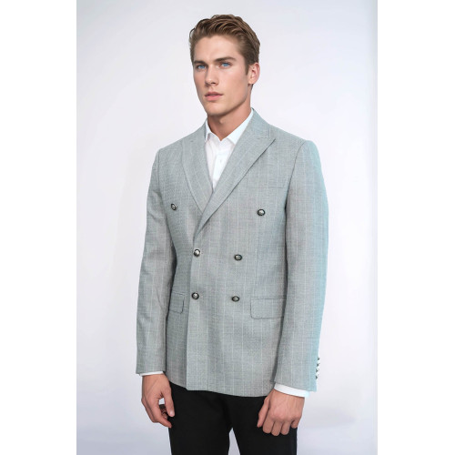 Double Breasted Slim Fit Striped Grey Men Blazer - Chadrobe