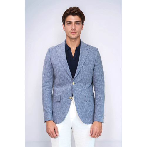 Dark Blue Textured Linen-Feel Gold Metal Button Slim Fit Men's Blazer Jacket - Chadrobe