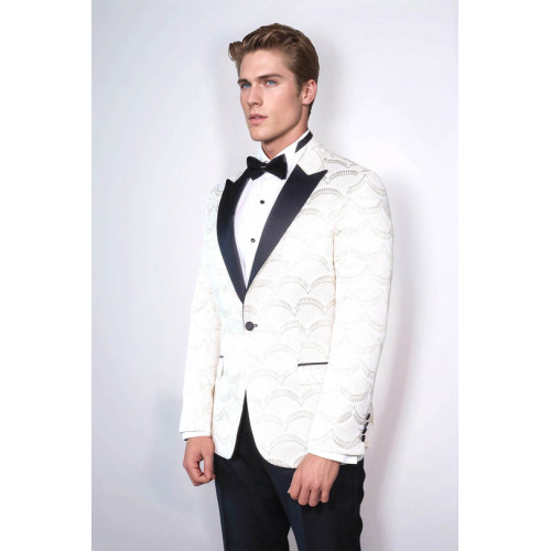 Patterned Slim Fit White Men Dinner Jacket - Chadrobe