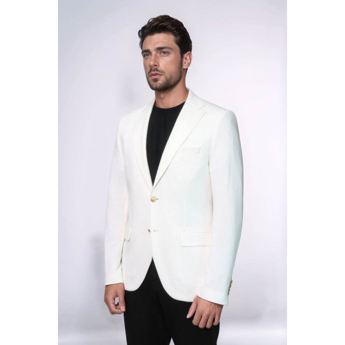 Ecru Textured Gold Metal Button Slim Fit Men's Blazer Jacket - Chadrobe