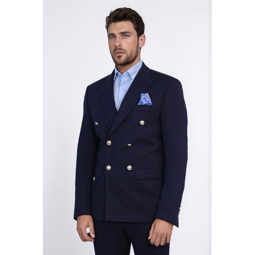 Navy Blue Solid Slim Fit Double-Breasted Blazer with Silver Metal Buttons – Chadrobe